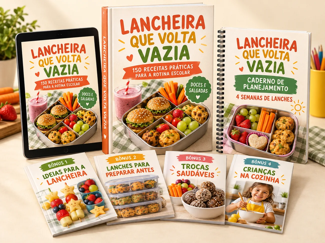 Guia, caderno de planejamento e os quatro bônus do Lancheira que Volta Vazia
