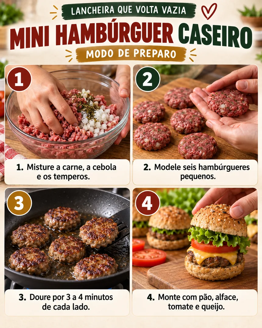 Passo a passo em quatro fotos do mini hambúrguer caseiro: temperar a carne, modelar seis hambúrgueres pequenos, dourar na frigideira e montar com pão, alface, tomate e queijo.