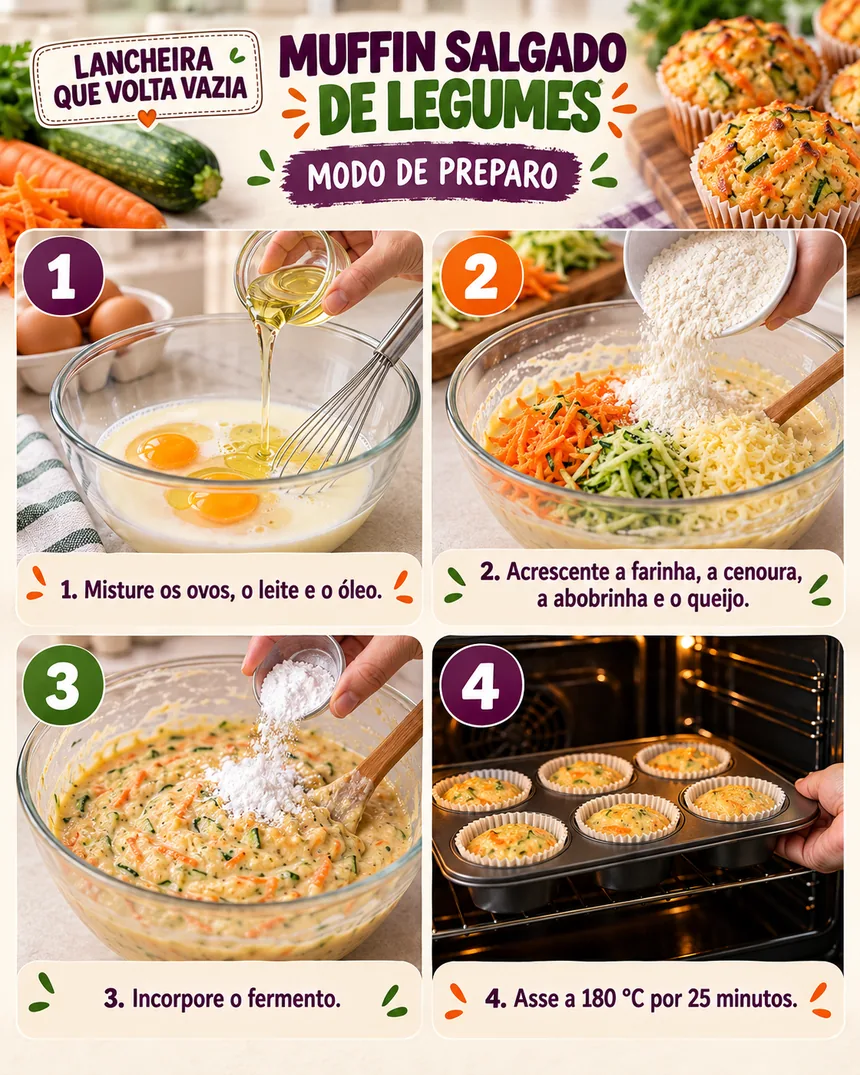 Passo a passo em quatro fotos do muffin salgado de legumes: bater ovos, leite e óleo, acrescentar farinha, cenoura, abobrinha e queijo, incorporar o fermento e assar.