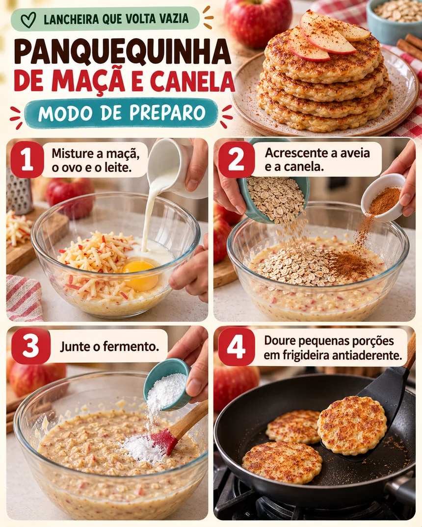 Passo a passo em quatro fotos da panquequinha de maçã e canela: misturar maçã, ovo e leite, acrescentar aveia e canela, juntar o fermento e dourar na frigideira.