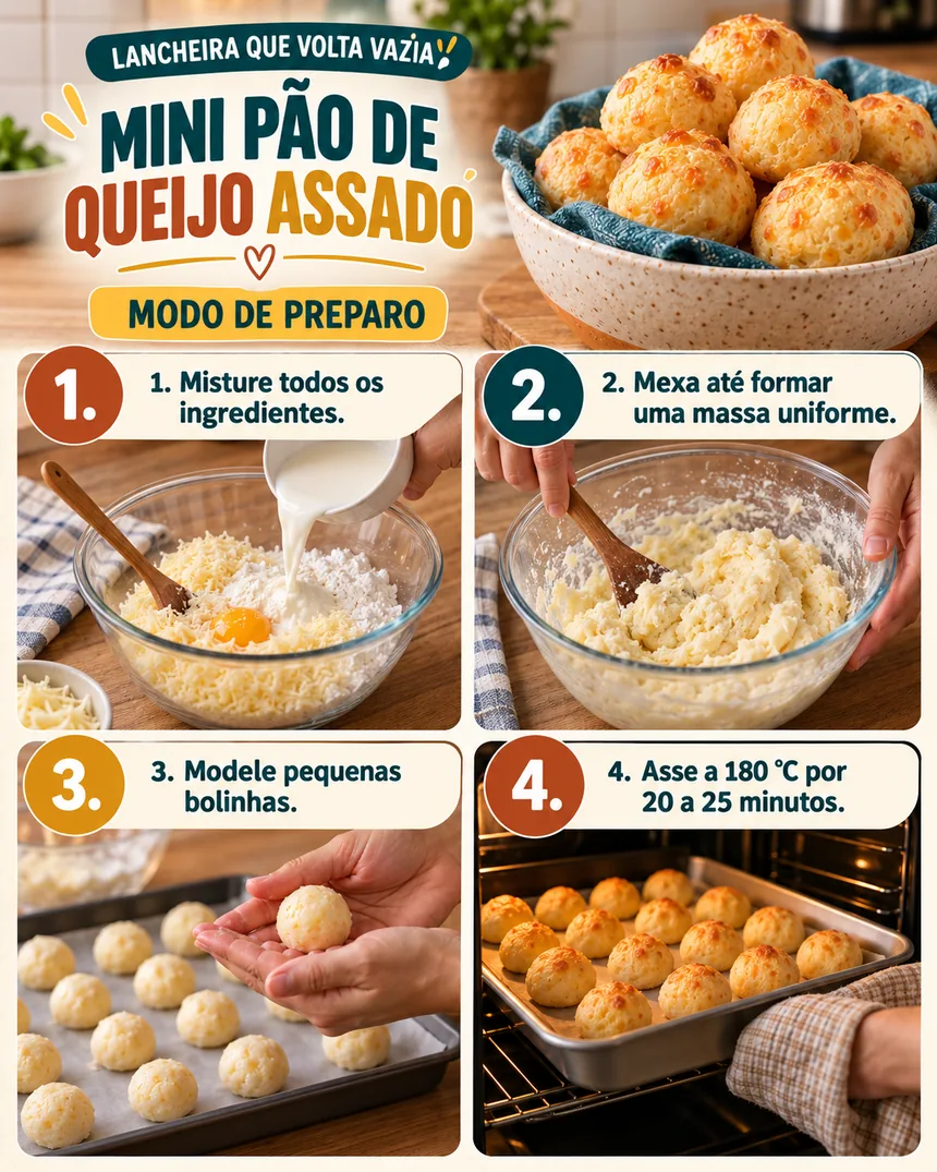 Passo a passo em quatro fotos do mini pão de queijo assado: misturar os ingredientes, formar a massa, modelar bolinhas e assar.
